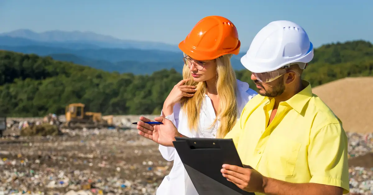 Two environmental professionals wearing safety helmets inspecting a waste management site, symbolizing ISO 14001 certification in UAE for effective environmental management and sustainability.