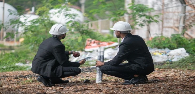 Environmental engineer examining wastewater samples during an on-site environmental audit in the UAE.