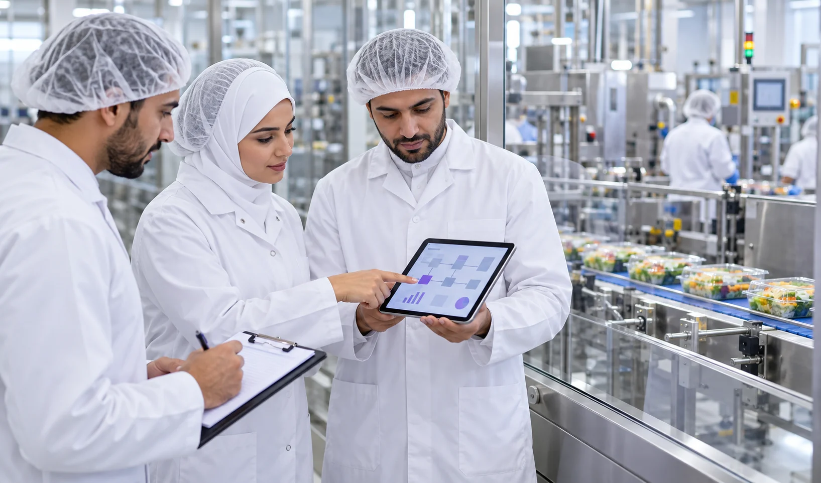 Food safety team reviewing hygiene and HACCP records in a food production facility