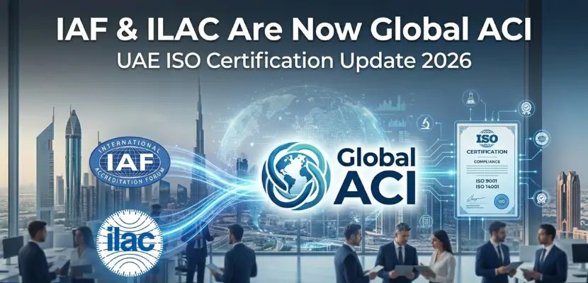 Global ACI logo and IAF ILAC merger announcement representing new ISO accreditation framework for UAE businesses