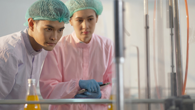 Two professionals wearing hairnets and lab coats closely inspect a production line, highlighting the role of GMP quality consultants in Dubai, Sharjah, and UAE in ensuring compliance with Good Manufacturing Practices.