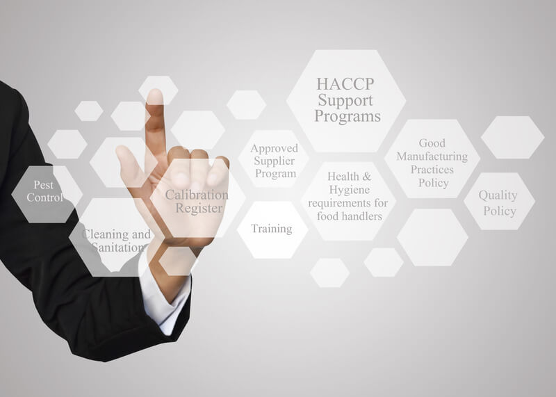 A person in a business suit is pointing at various interconnected hexagons displaying text related to HACCP support programs, including pest control, cleaning and sanitation, calibration register, approved supplier program, training, health and hygiene requirements for food handlers, good manufacturing practices policy, and quality policy.