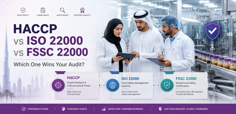UAE food manufacturing facility team reviewing HACCP, ISO 22000 and FSSC 22000 certification documents during food safety audit