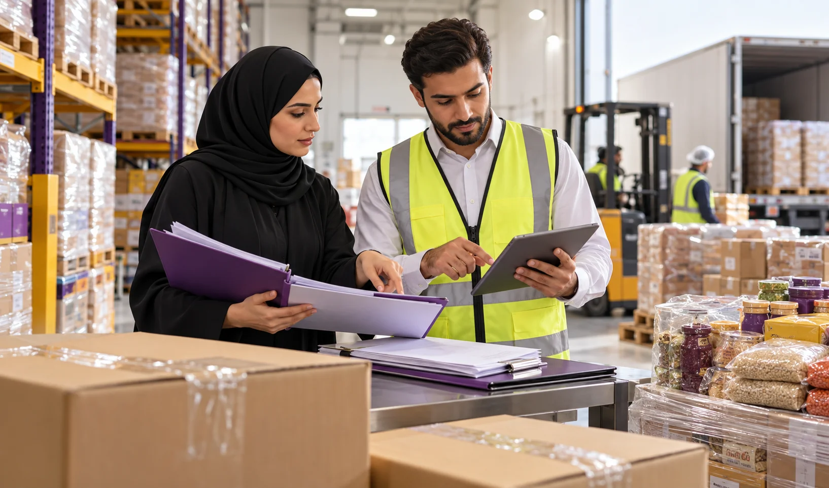 Food exporter checking halal certification and shipment records before GCC distribution