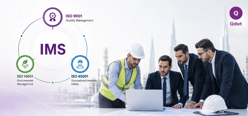 IMS consultancy team reviewing ISO 9001, ISO 14001 and ISO 45001 integrated management system requirements in UAE