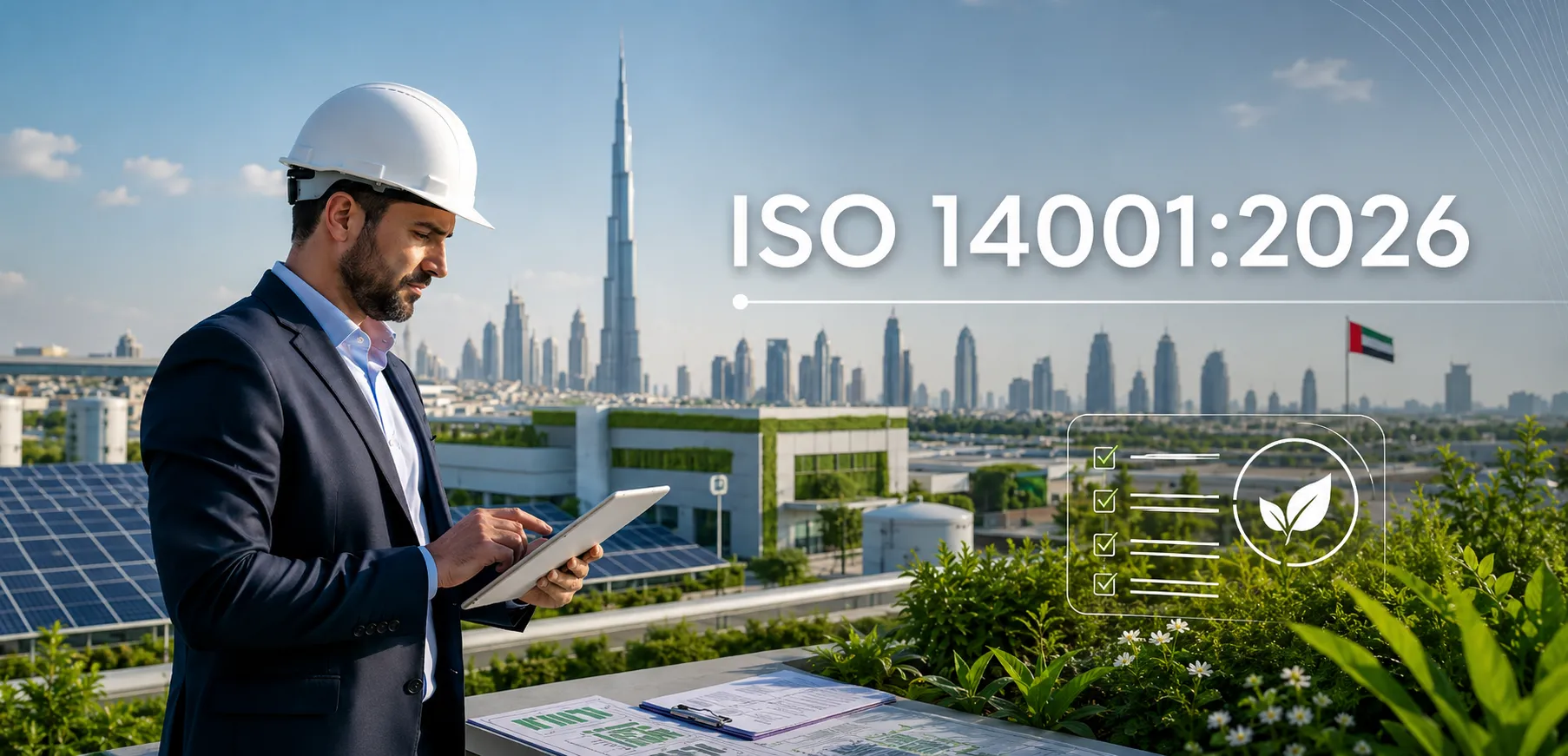 Environmental management team reviewing ISO 14001:2026 transition requirements at a UAE facility