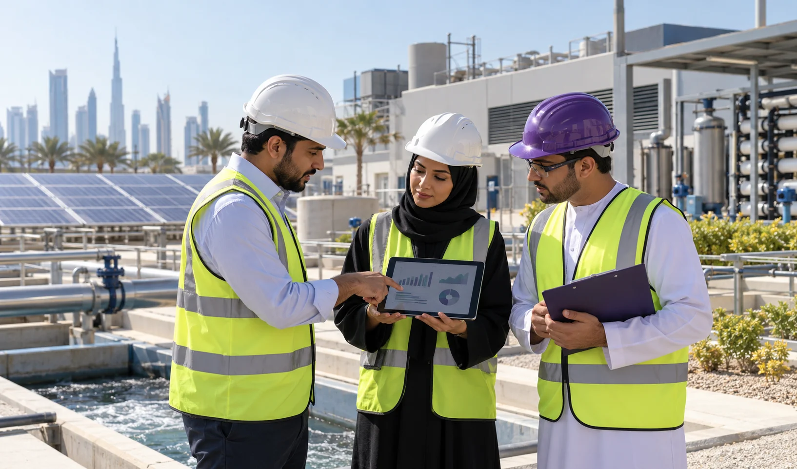 Environmental team reviewing resource use and environmental performance data