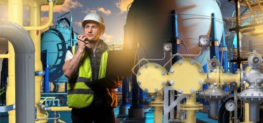 Environmental engineer inspecting industrial equipment for ISO 14001 compliance and environmental regulations