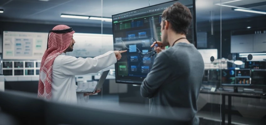 UAE business professionals discussing information security controls during tender evaluation meeting