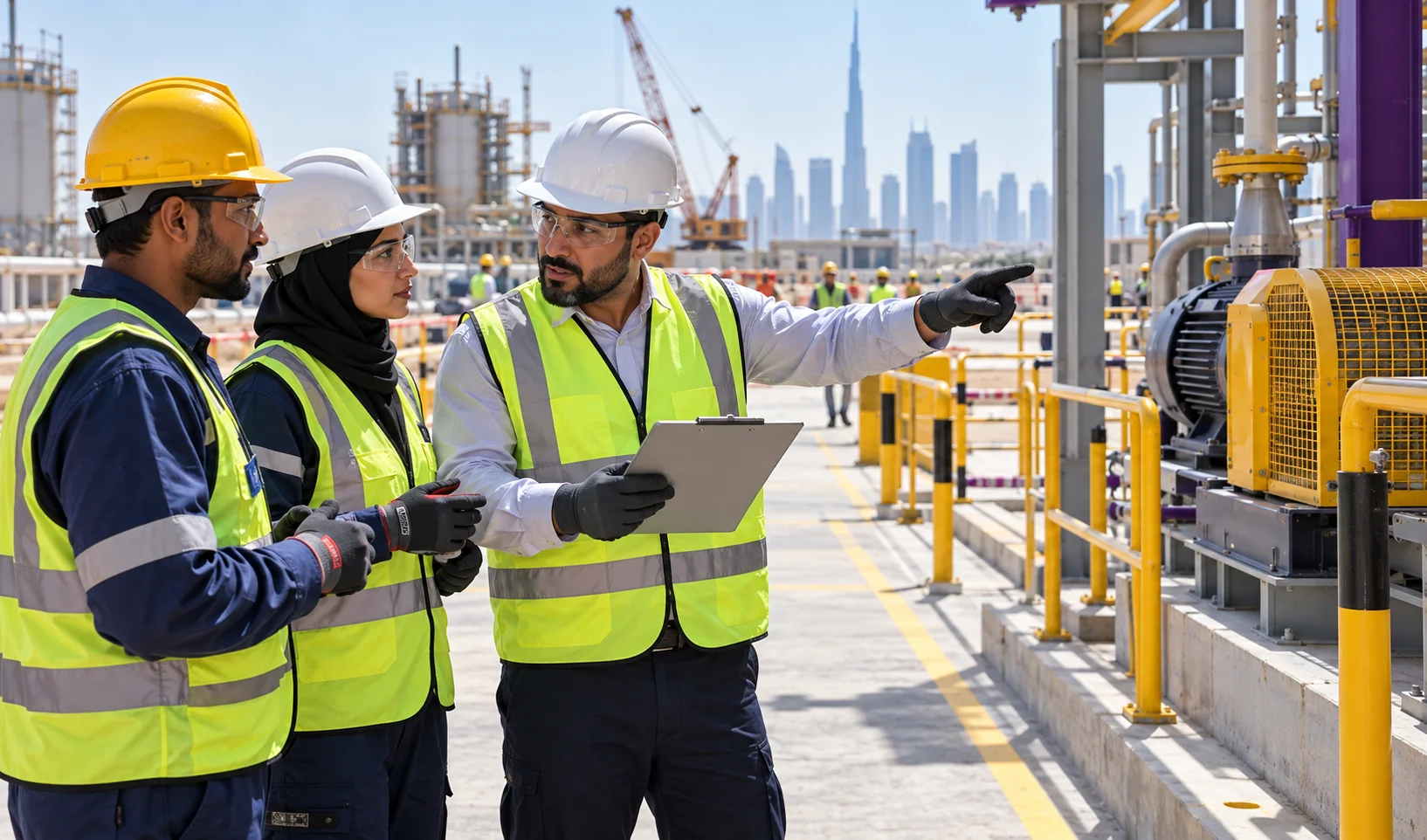 Safety manager and workers reviewing occupational health and safety controls at a worksite
