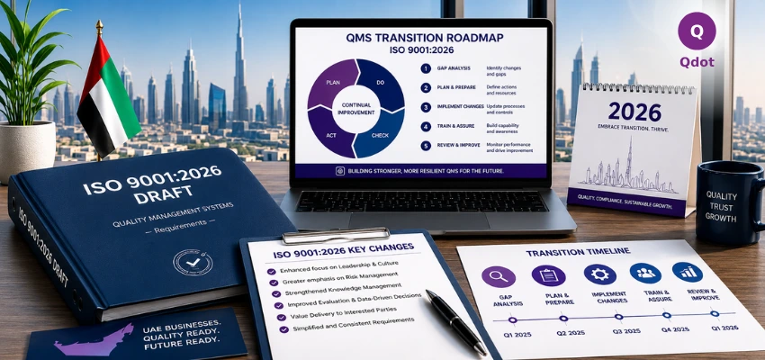 Quality management team reviewing ISO 9001:2026 draft requirements and transition plan in a UAE office