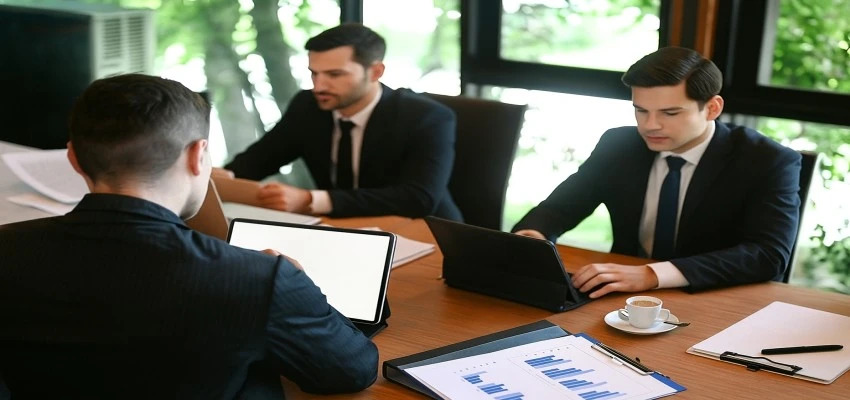 Business professionals discussing ISO certification strategy in UAE office meeting