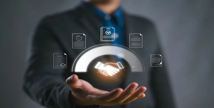 Business professional reviewing procurement and compliance documents for ISO certification in UAE tenders