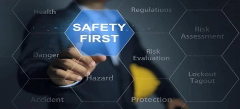 Industrial engineer performing workplace safety inspection in UAE, supporting ISO 45001 hazard assessment.