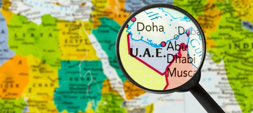 Map of Gulf countries highlighting Dubai, Sharjah, and UAE, representing ISO certification in these regions.