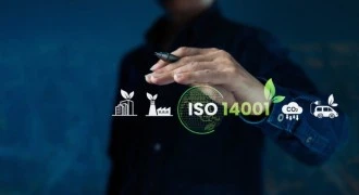 Digital ISO 14001 environmental management concept shown on a screen, representing compliance for UAE companies. 