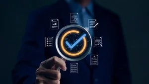 Business consultant approving quality checklist symbolizing ISO 9001 certification in Dubai